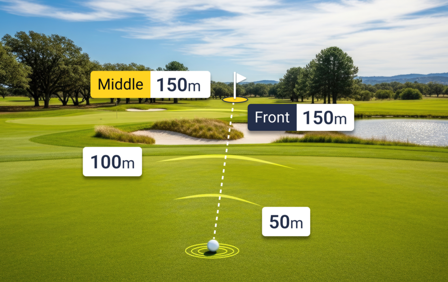 Golf course with overlaid distance measurements from the ball position to the green